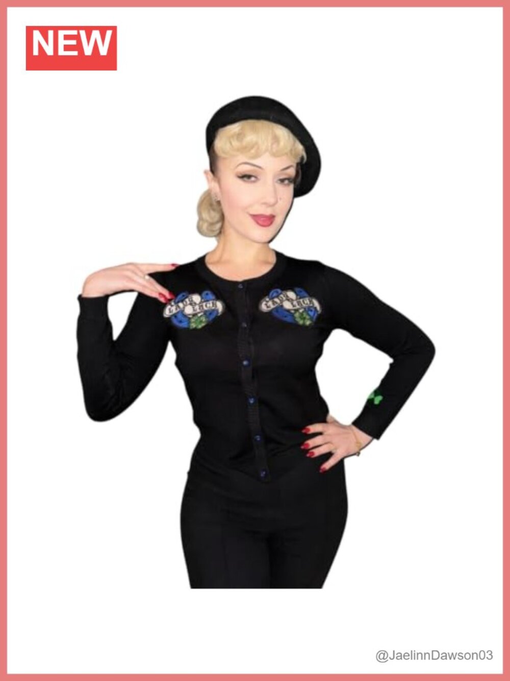 Retro 50s Rockabilly Embroidered Knit Cardigan Puff Sleeve Button Sweater